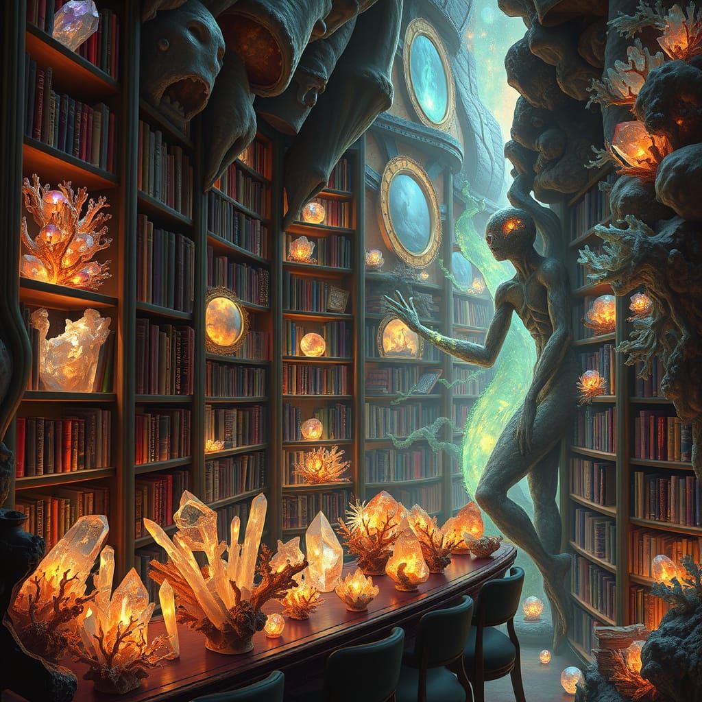 Borgesian Library of Grown Books in Ethereal Light