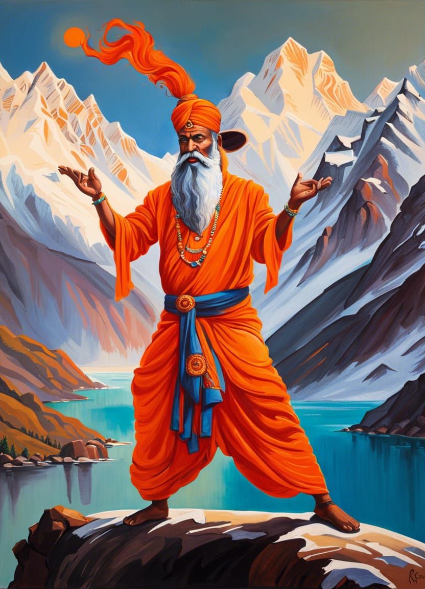 Indian Cow Guru Meditating by Ganges, Splash Art