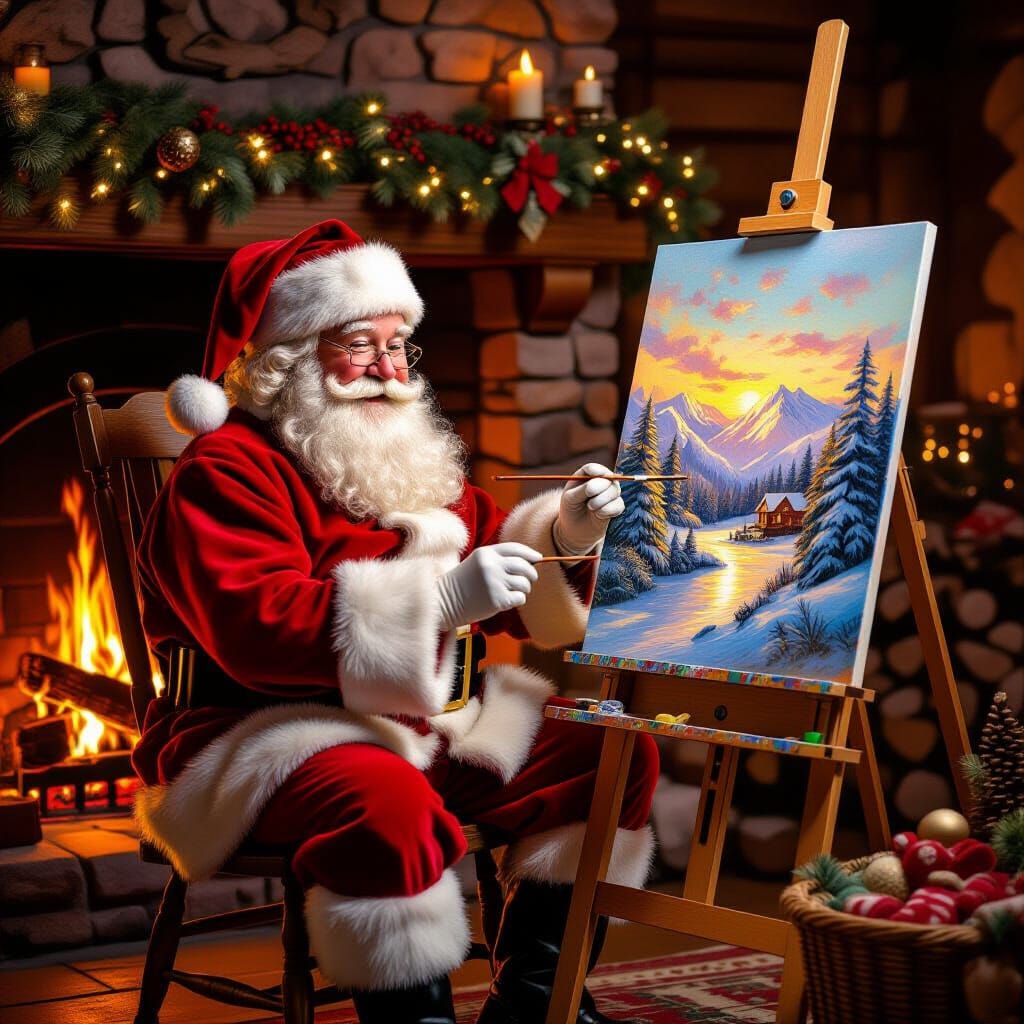 Santa Paints a Landscape by a Cozy Fireplace