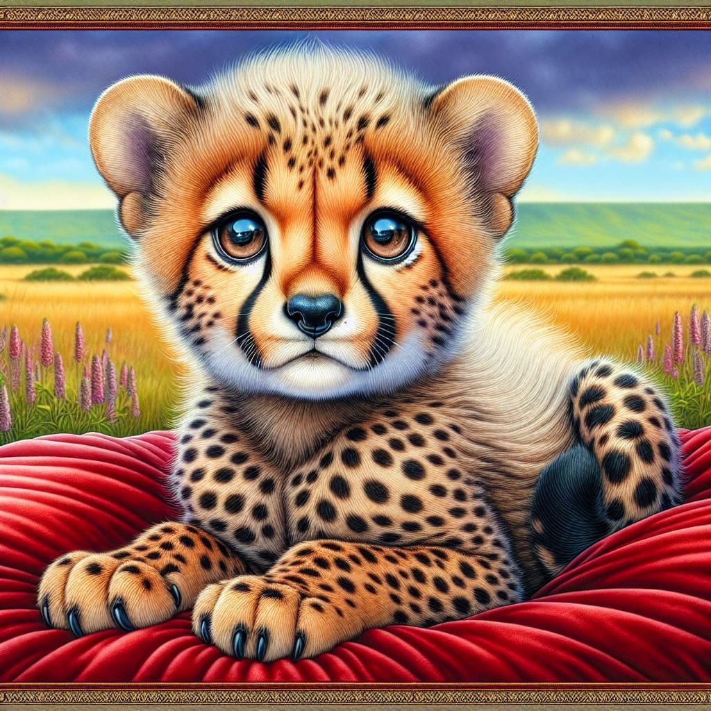 Regal Cheetah Cub Snuggles Up on Velvet Pillow