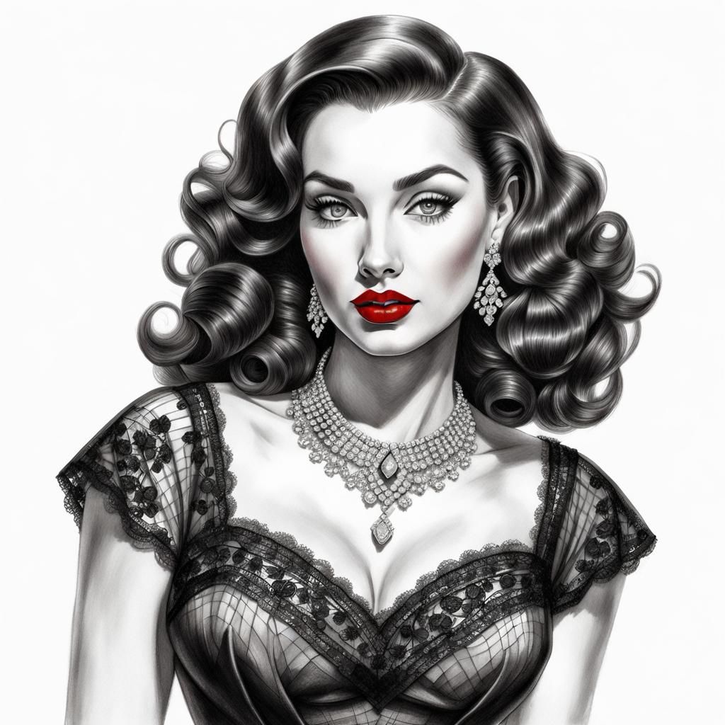 Glamorous 50s Brunette in Graphite Drawing