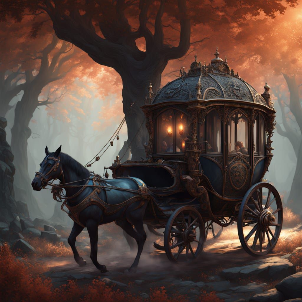 Ghostly Carriage with Vampire Bride in Misty Forest