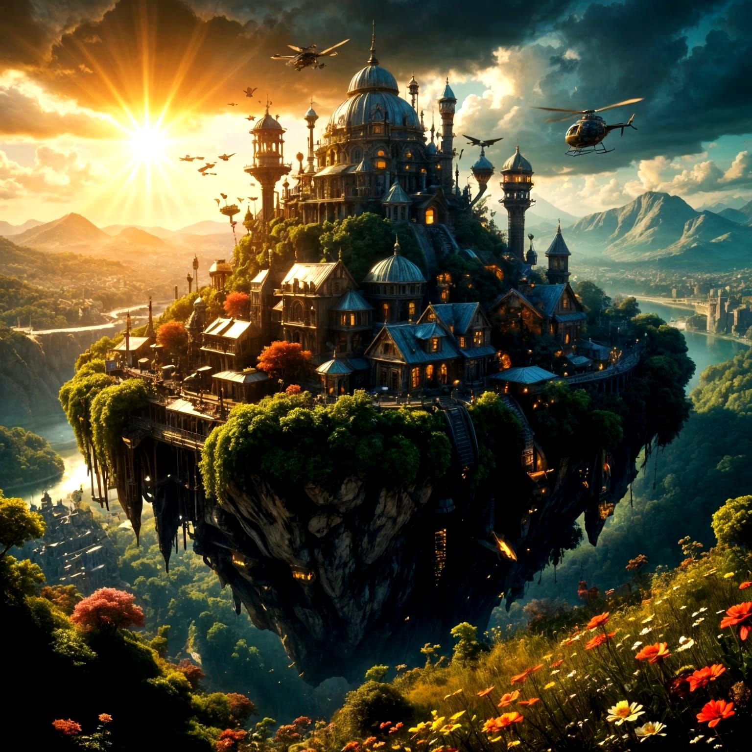 Steampunk City on a Hill Unfolds in Lush Opulence