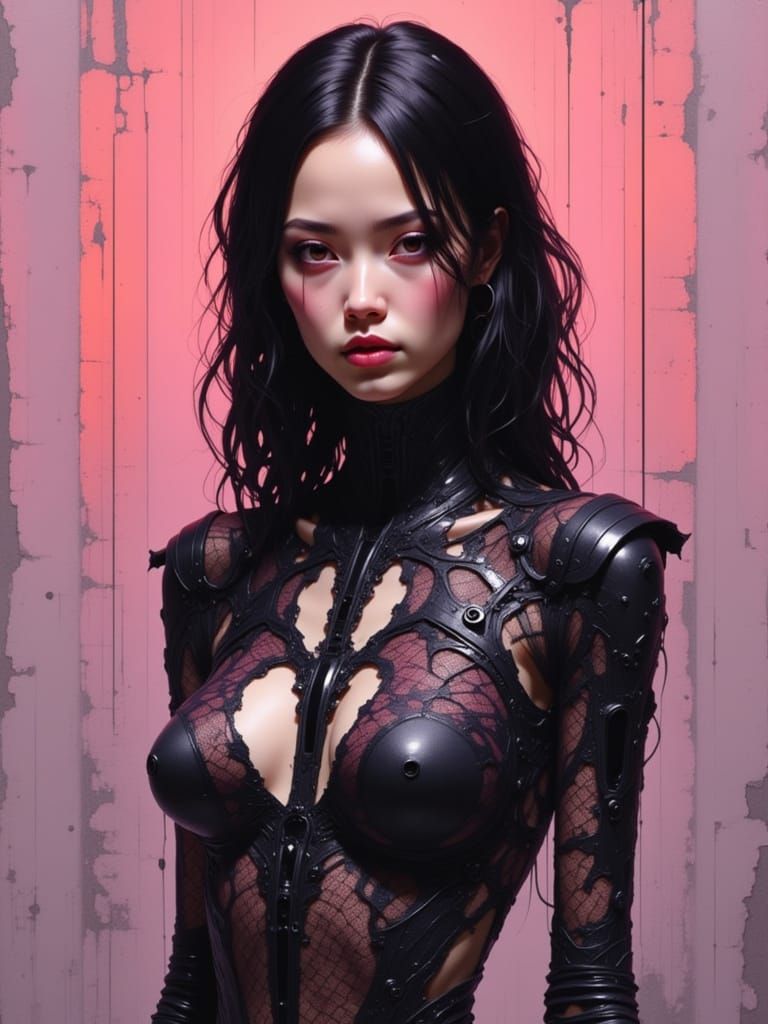 Biomechanical Cyborg in Lace Bodysuit with Gothic Pendant