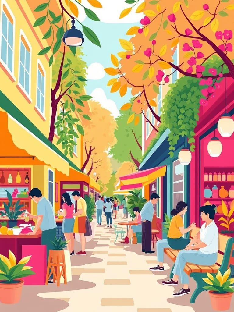 Vibrant Vector Illustration of a Bustling Street Market