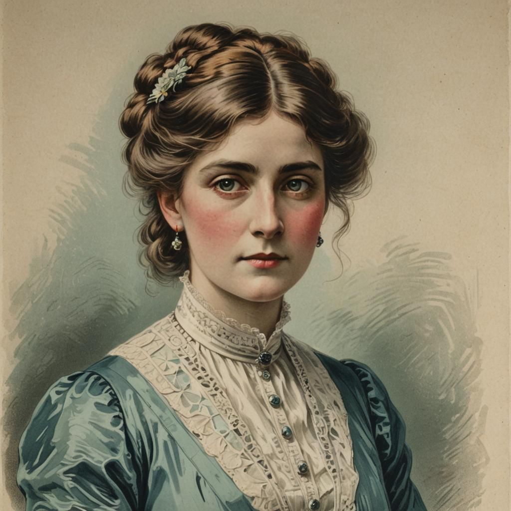 Edwardian Woman Portrait in Colored Lithograph Style