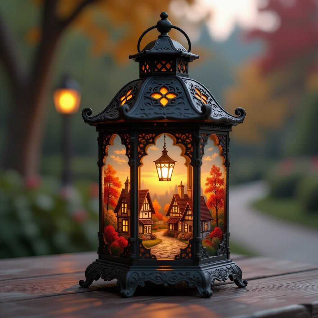 Autumn Village Inside Medieval Lantern, Miniature Painting S...