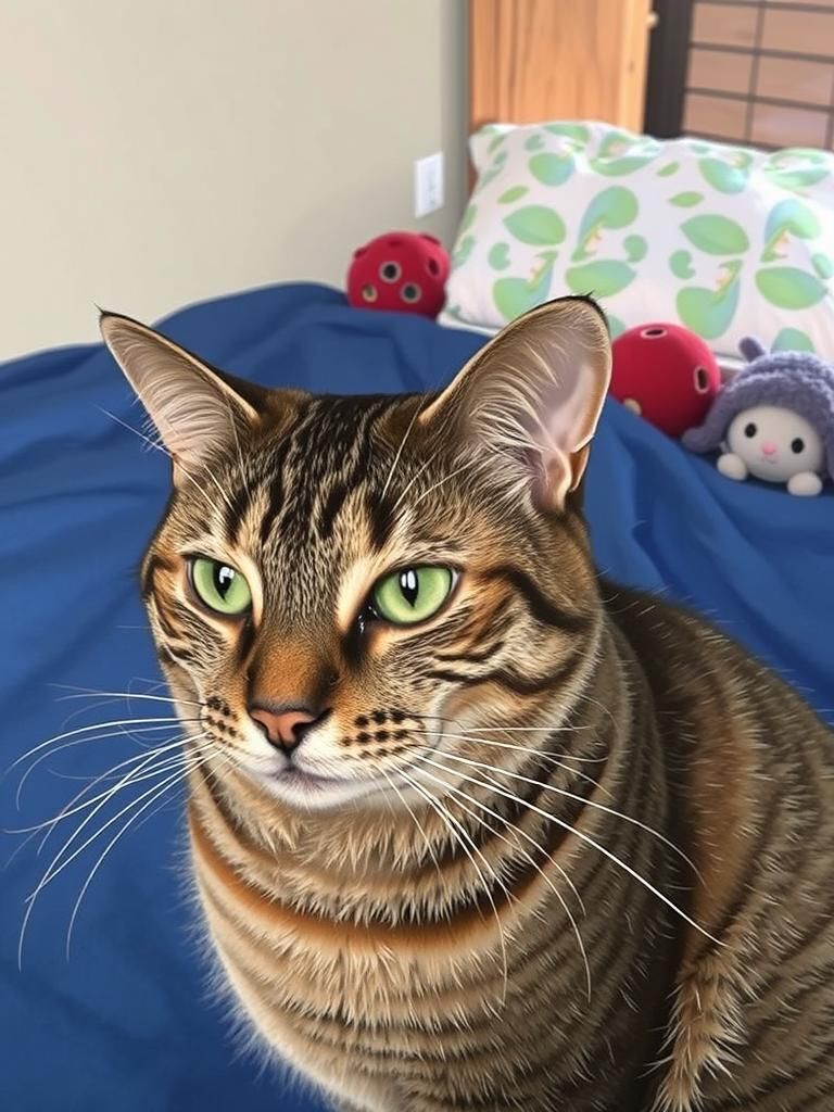 Tabby Cat on Windowsill, Whimsical Digital Art