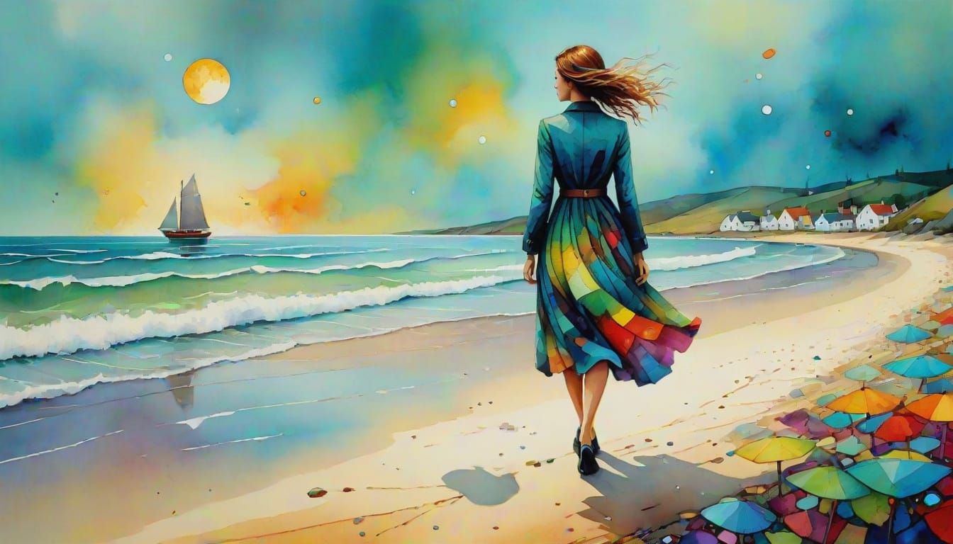 Surreal Seashore Scene in Whimsical Illustration Style