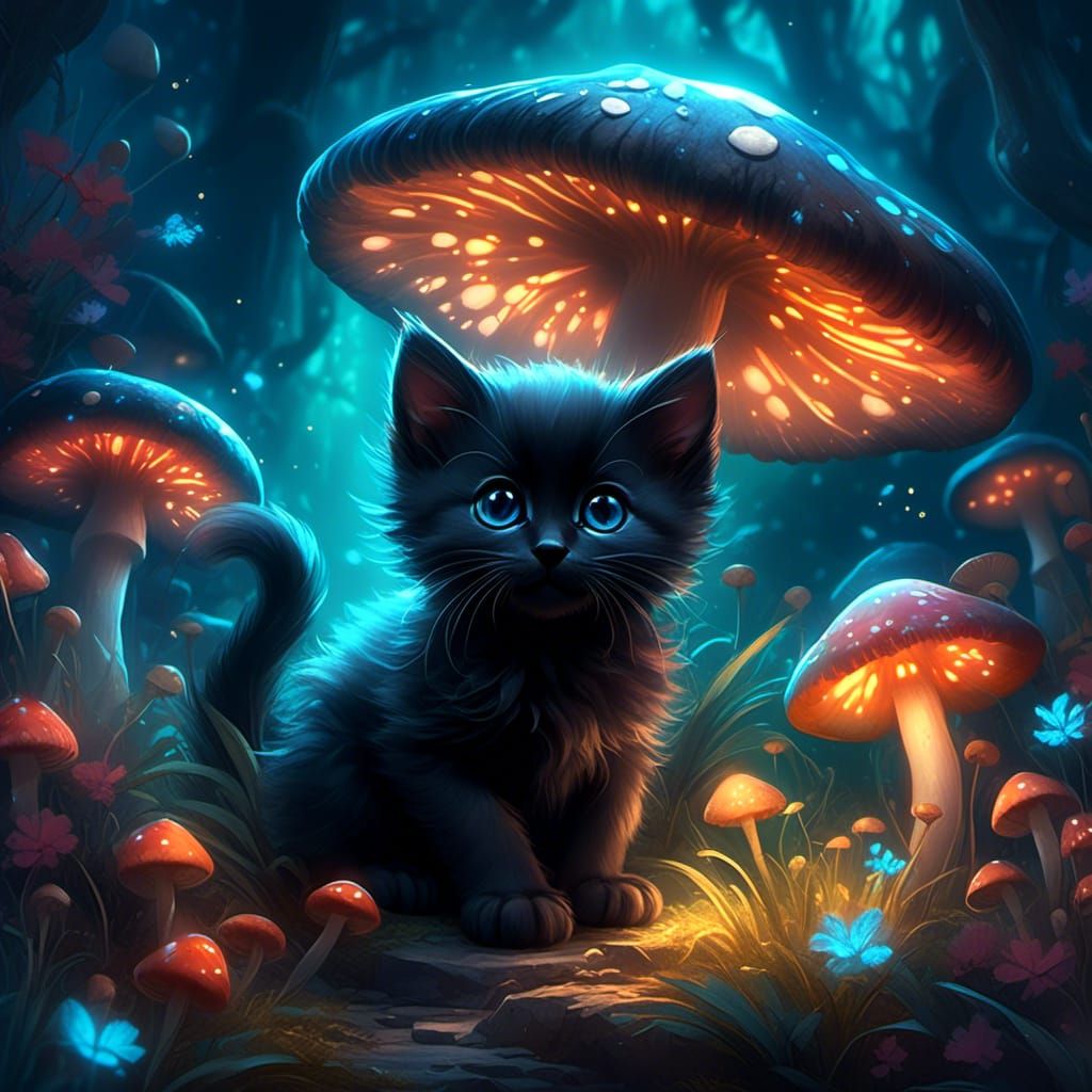 Cute Black Kitten in Bioluminescent Mushroom Patch