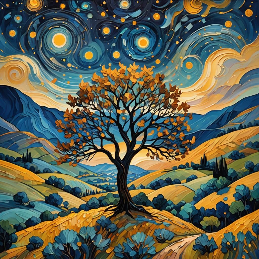 Dreamy Starry Night Landscape in Impasto Style