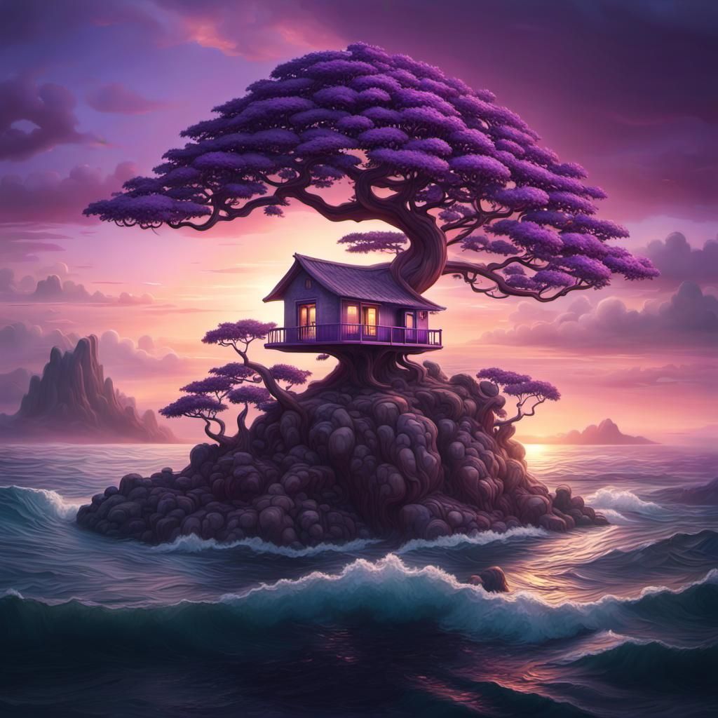 Island Sunset with Purple Bonsai Treehouse