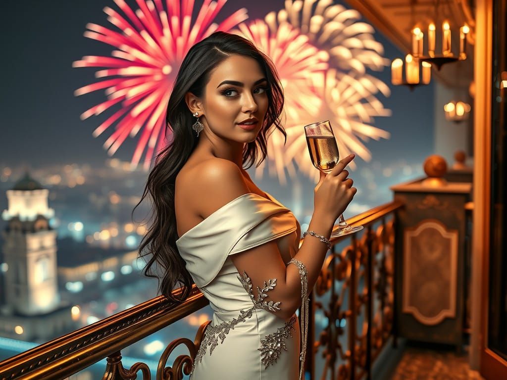 Glamorous Brunette Fashion Model Rings in the New Year in Op...