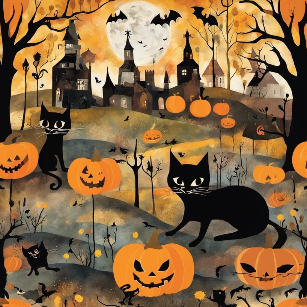 Witch Cats by Rosina Wachtmeister Halloween landscape, Black cats and black bats And spider's webs and skeletons in an ...