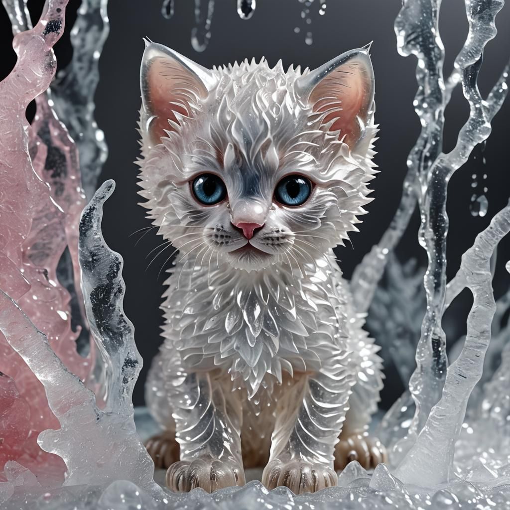 Hyperrealistic Ice Sculpture of a Kitten