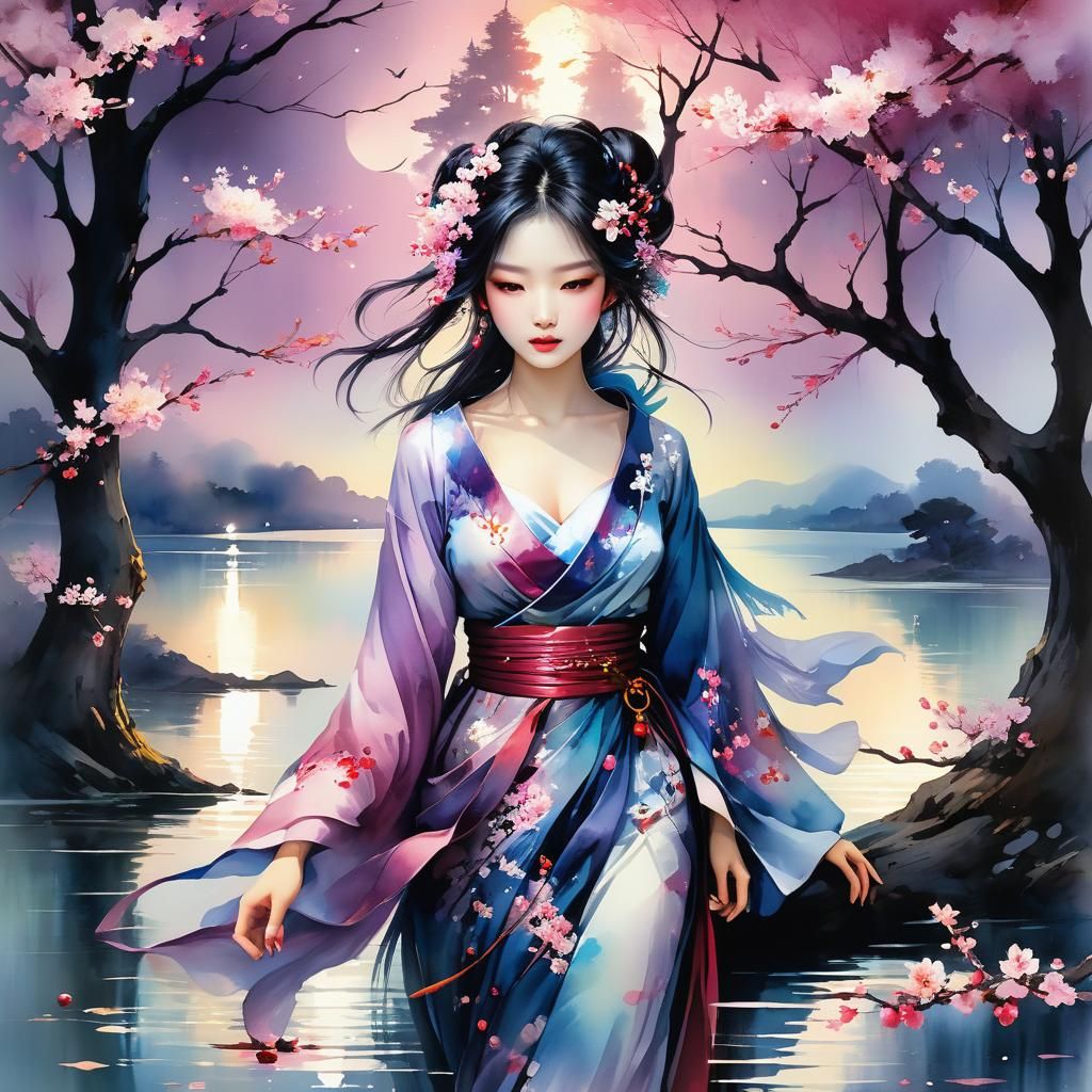 Dreamy Nighttime Lake Glade with Cherry Blossoms