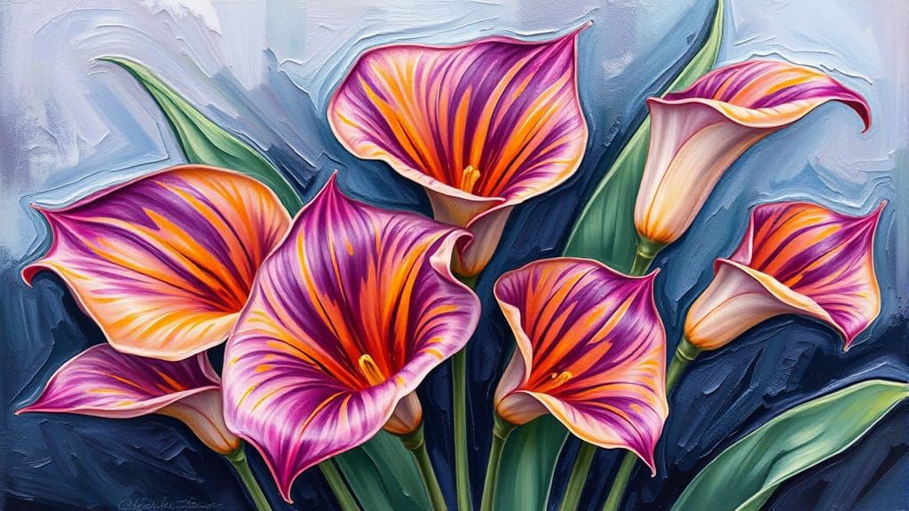 Impasto Painting of Violet and Orange Calla Lilies