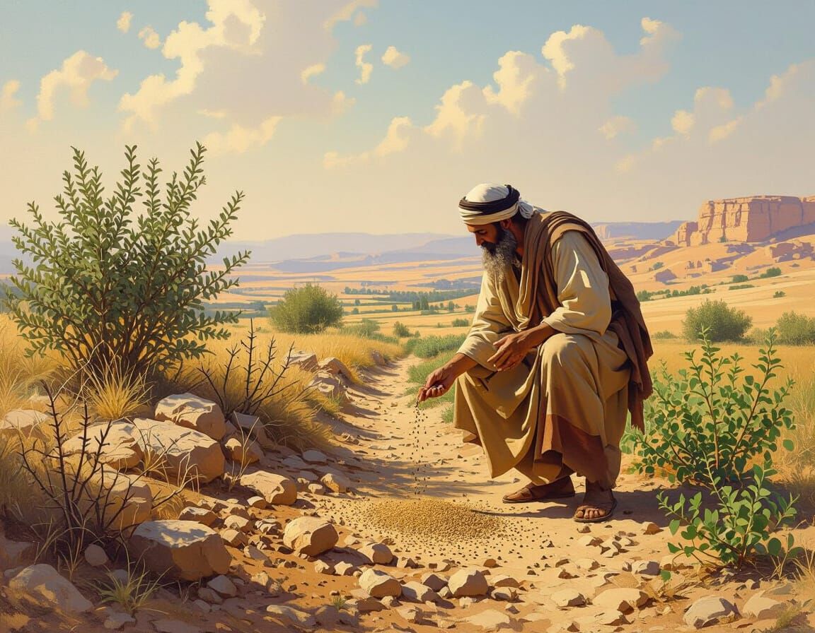 Ancient Farmer Sowing Seeds: Oil Painting