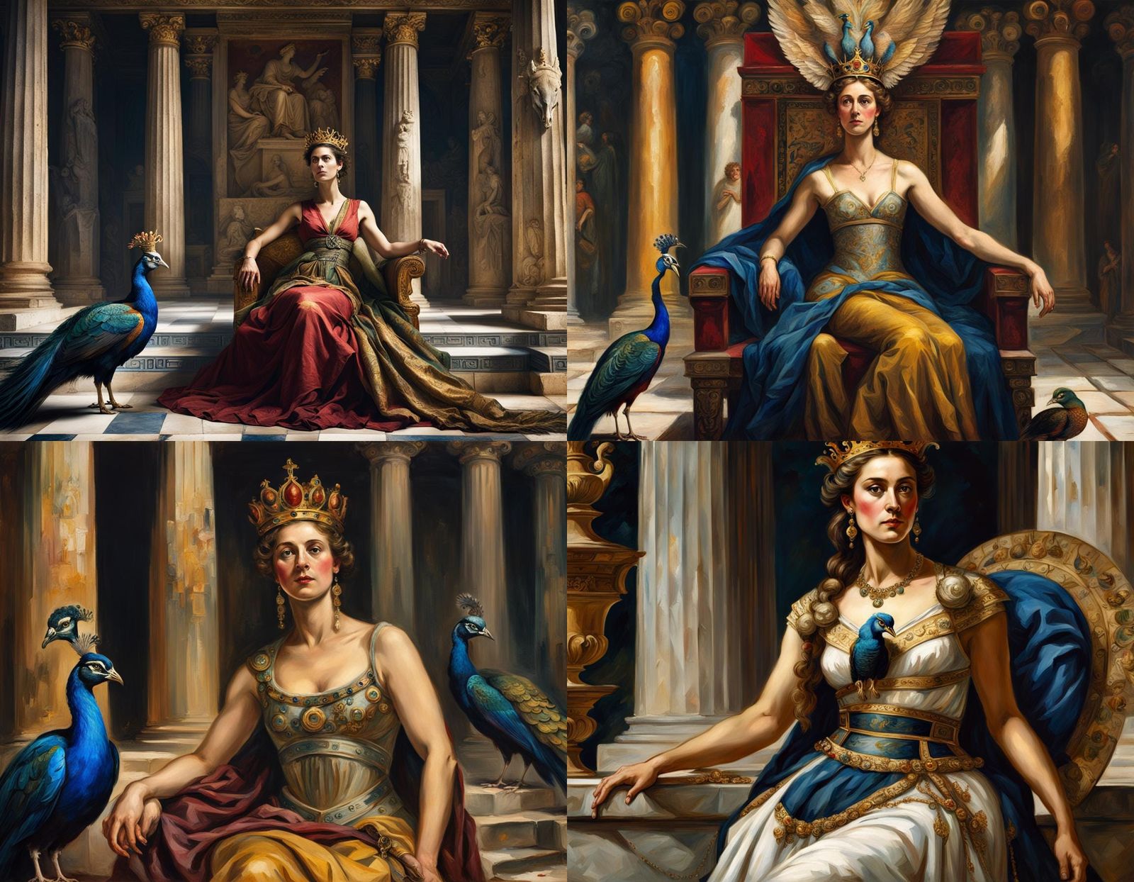 Evision of the ancient greek  goddess Hera, sitting in her ancient temple home, pomegranate, sceptre and a crown (polos ...