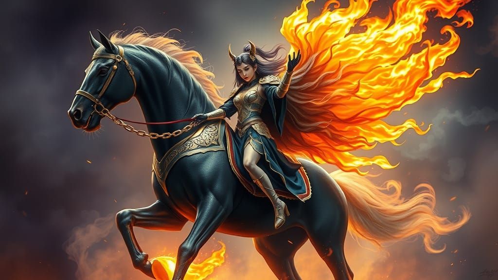 Asian Fantasy Ghostrider Rides Majestic Stallion into Dark V...