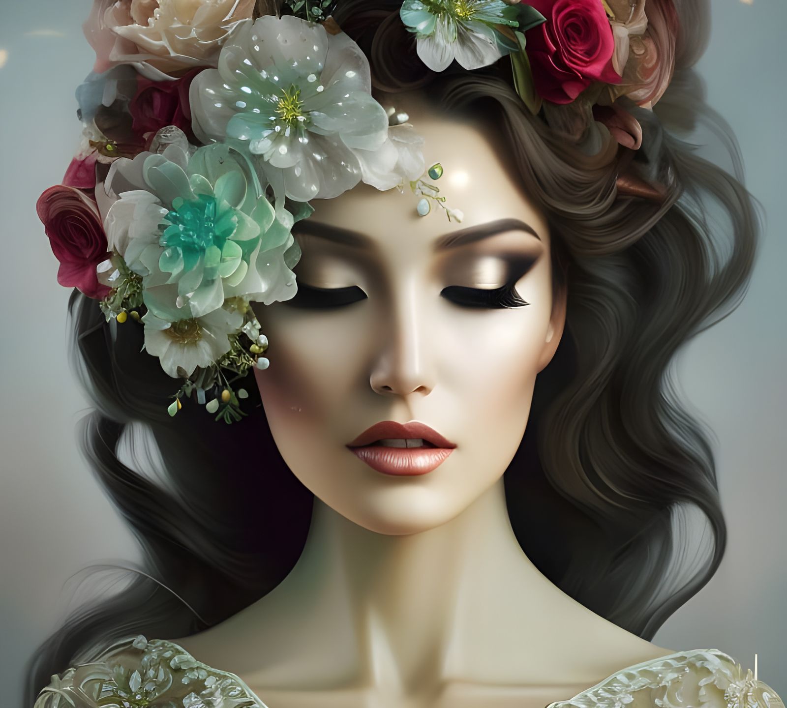 beautiful Lady, upper body,  symmetrical realistic eyes multi-coloured make up, long lashes, eyes open, long wavy hair, ...