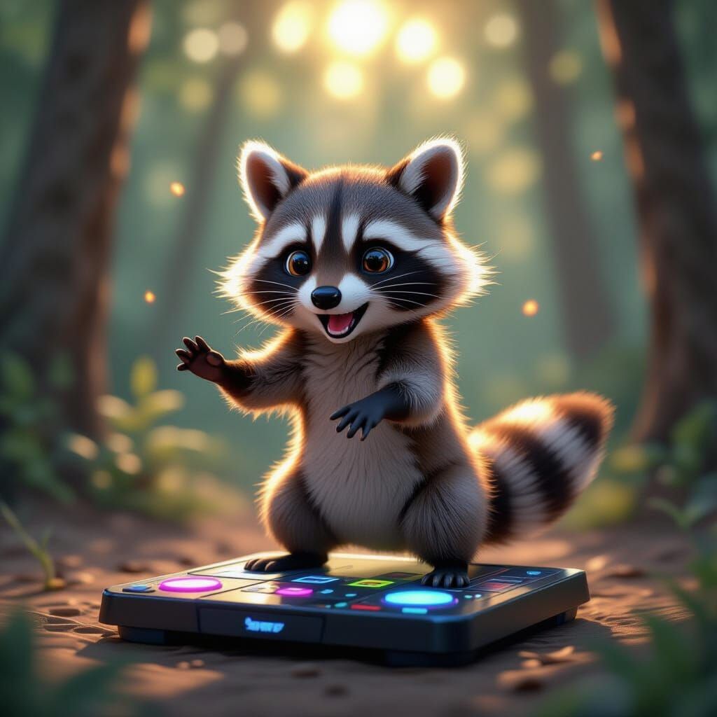 Raccoon Dances on DDR Pad in Forest Bokeh
