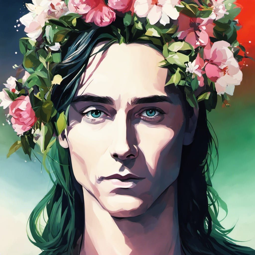 Loki Portrait with Flower Crown in Comic Book Style