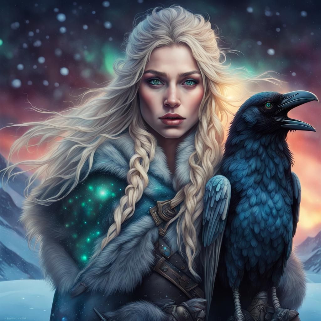 Viking Woman with Raven Under Northern Lights