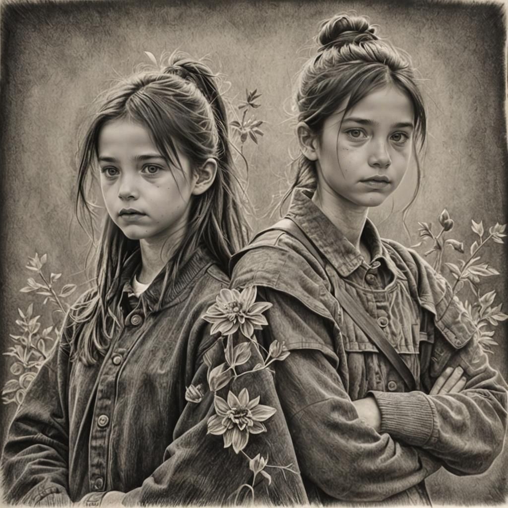 Hyperdetailed Charcoal Drawing of Siblings