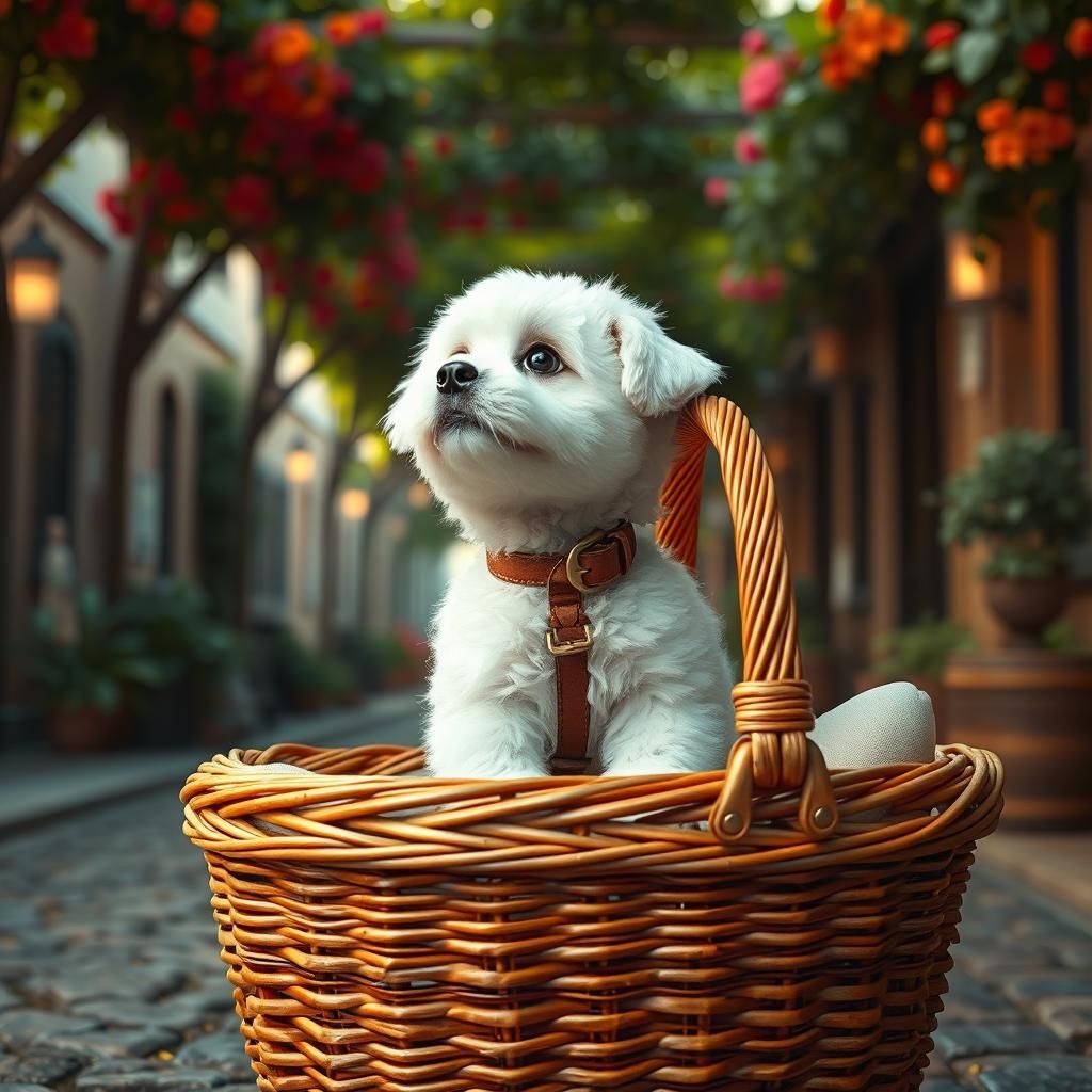 Fluffy Puppy in Basket on Cobblestone Street