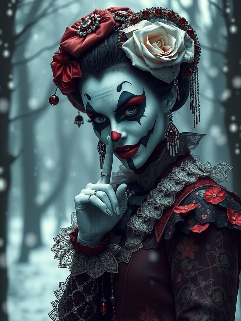 Japanese Harlequin in Victorian Attire with Sinister Smile