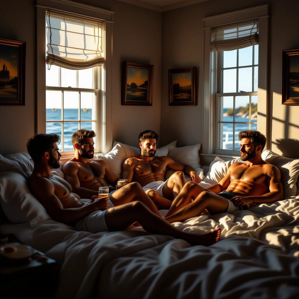 Fire Island Bedroom Scene with Dramatic Chiaroscuro Lighting