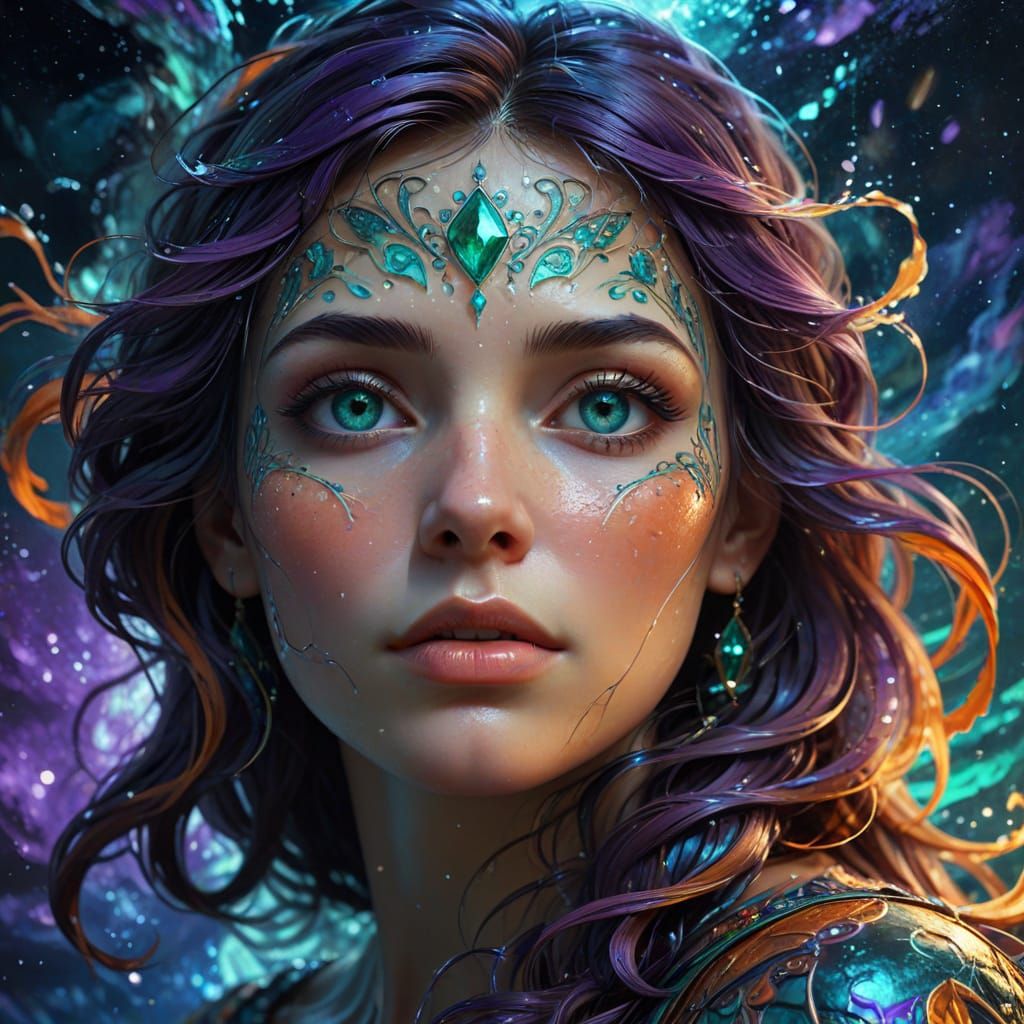 Mystical Woman with Emerald Eyes Gazing at Starry Sky