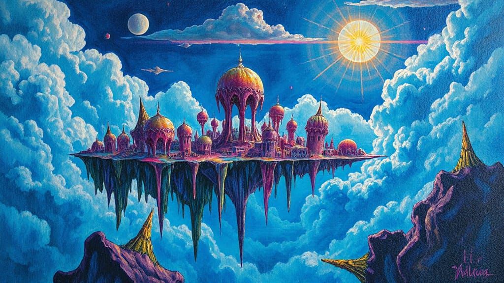 Surreal Floating City in Acrylic Painting