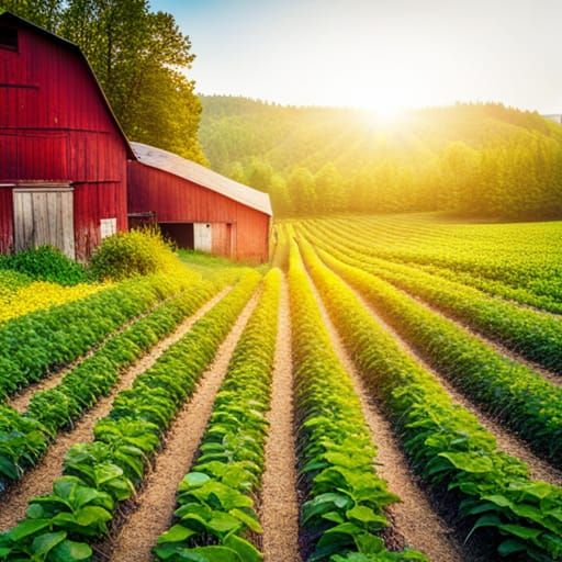 Vintage Vegetable Garden with Red Barn and Crows