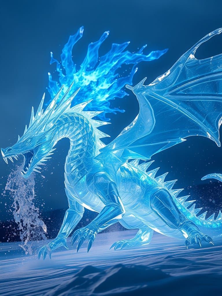 Majestic Ice Dragon Roaring in Snowstorm