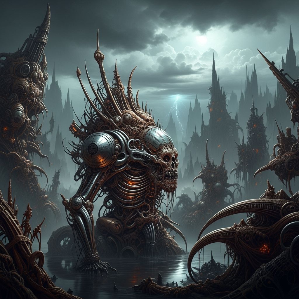 Dark Fantasy Biomechanical Colossus in Ominous Twilight