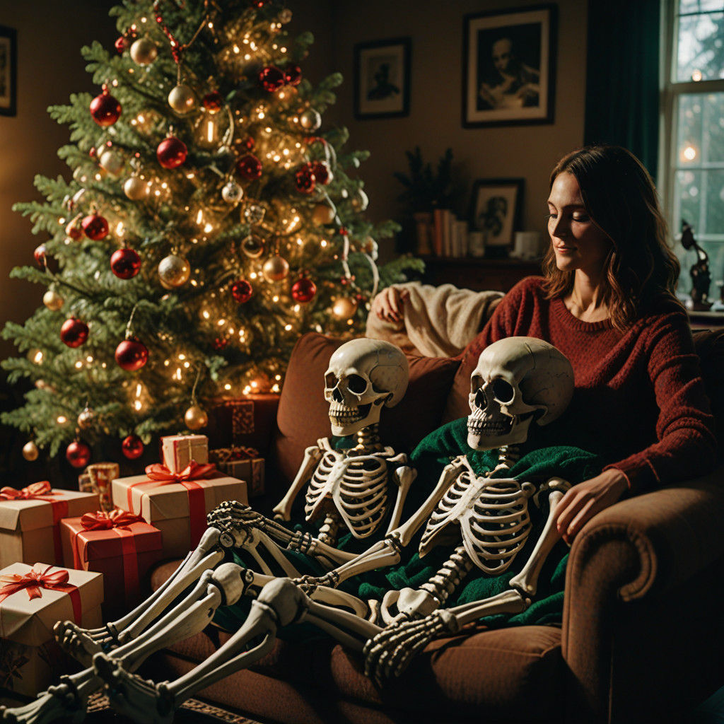 Surreal Christmas Scene with Skeletons Unwrapping Gifts in a...