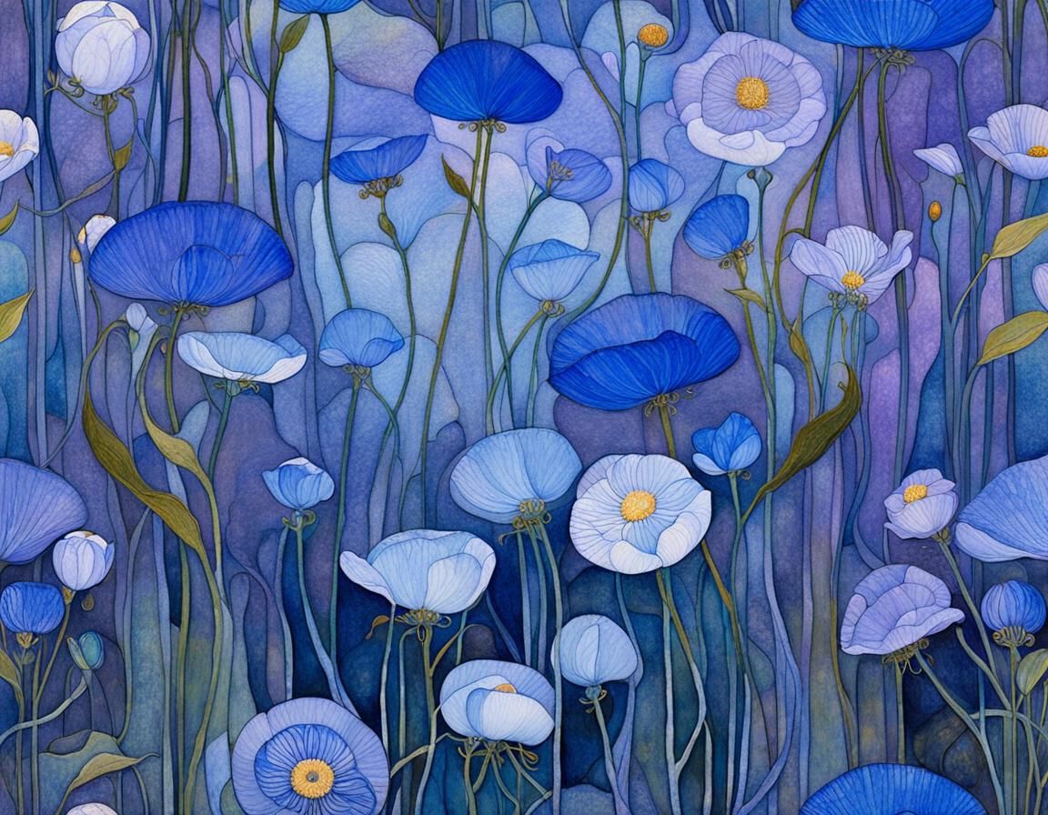 Translucent Blue Flowers in Soft Light: Art Nouveau Style