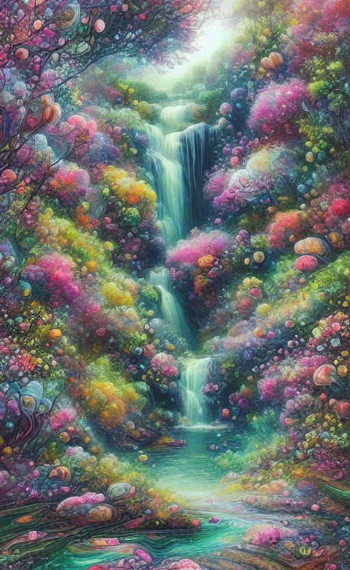 Enchanting Guitar with Waterfall and Plants in Studio Ghibli...