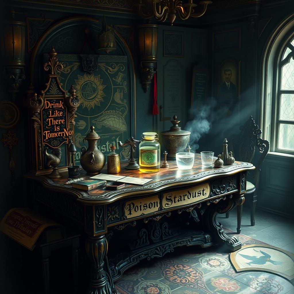 Eerie Gothic Still Life with Whimsical Potion