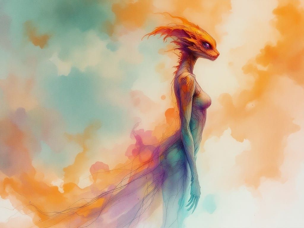 Dreamlike Fashion Sketch of a Reptilian Woman in Dystopian S...