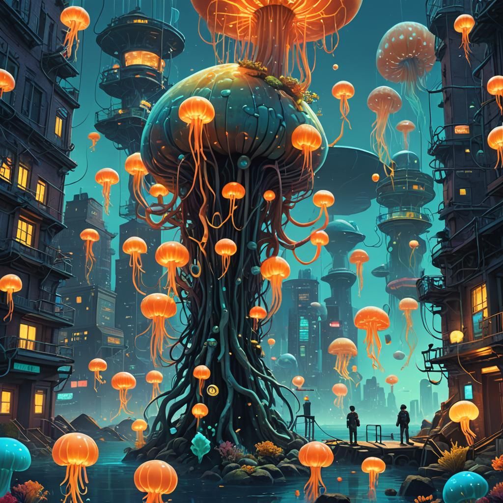 Underwater Cityscape with Squidward in Fantasy Realism
