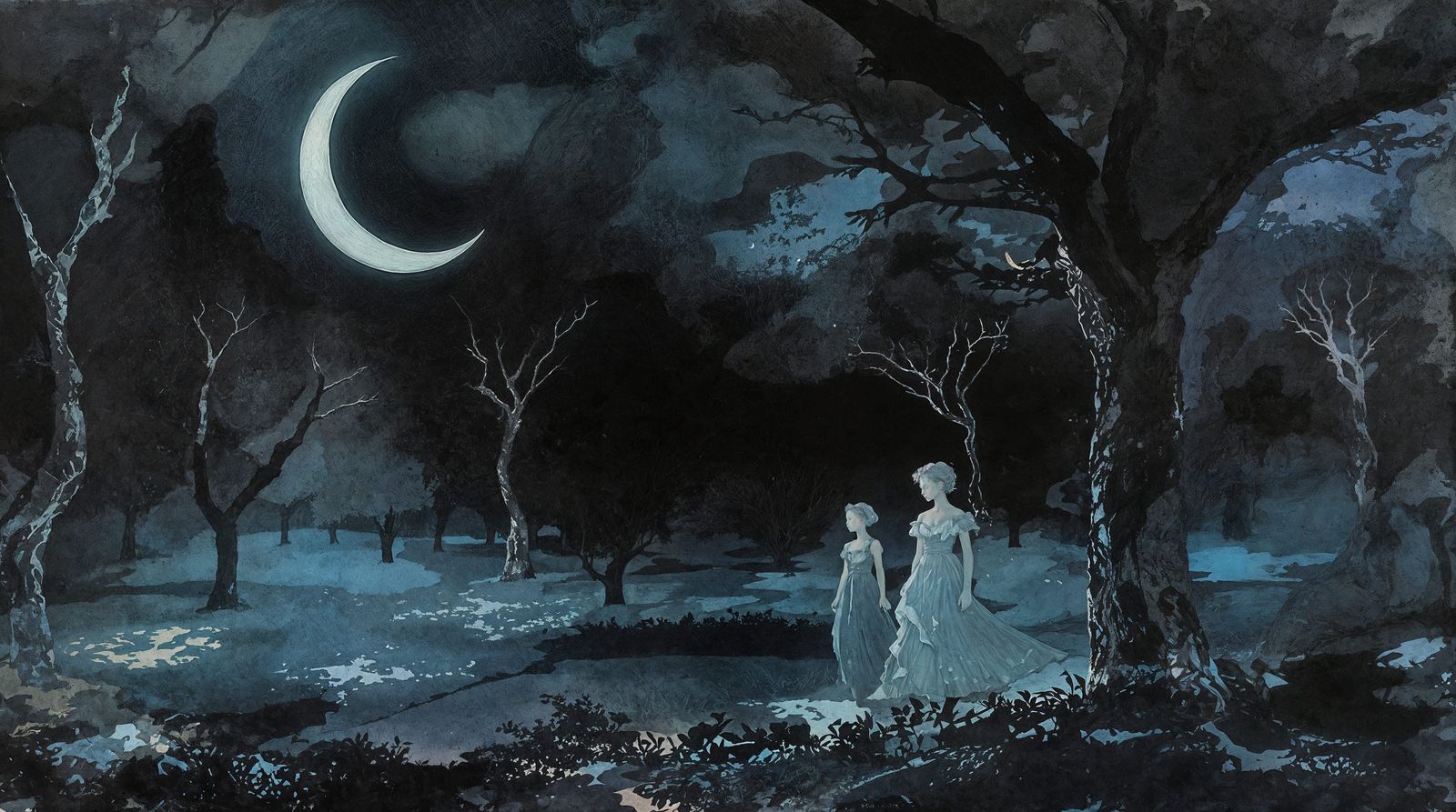 Surreal Nocturne Painting of a Ghostly Orchard Scene
