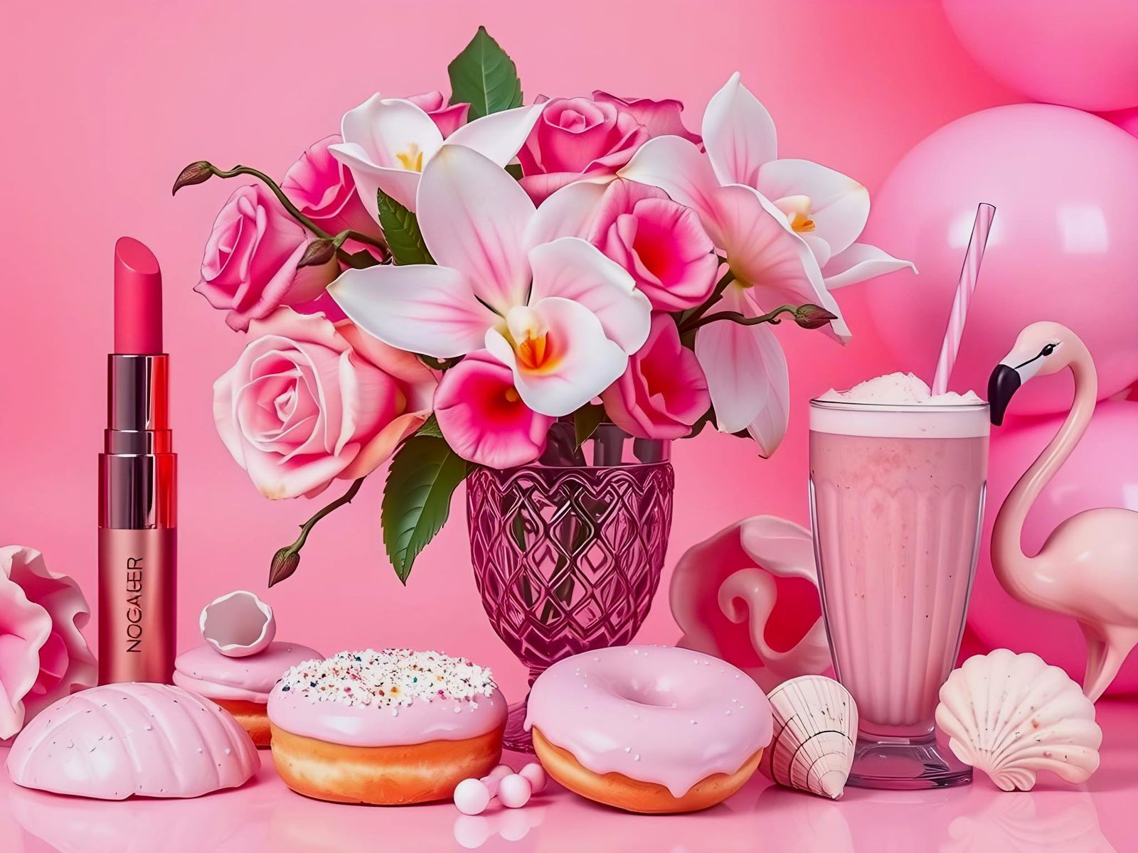 Surreal Pink Still Life Photograph with Flowers and Candy
