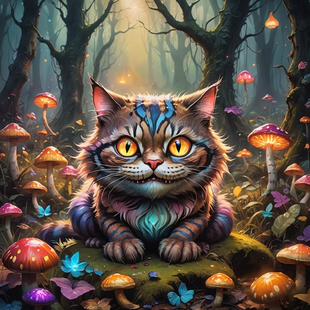 Mischievous Cheshire Cat in Misty Mushroom Forest