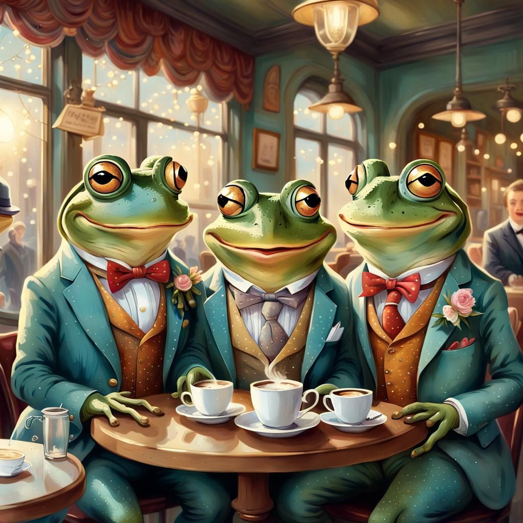 Mr. Frog and Friends Enjoying the Coffee Shop Ambience