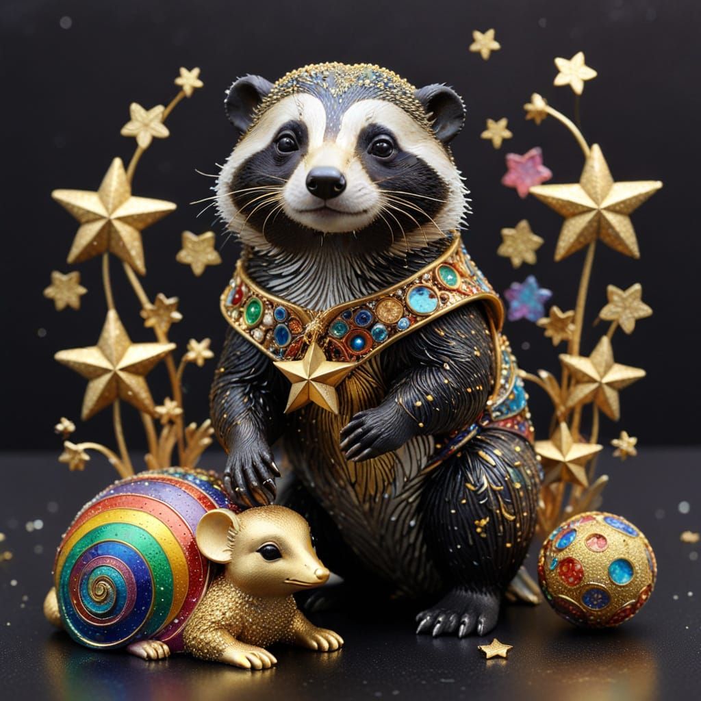 Rainbow American Badger with Duckling in Art Nouveau Style