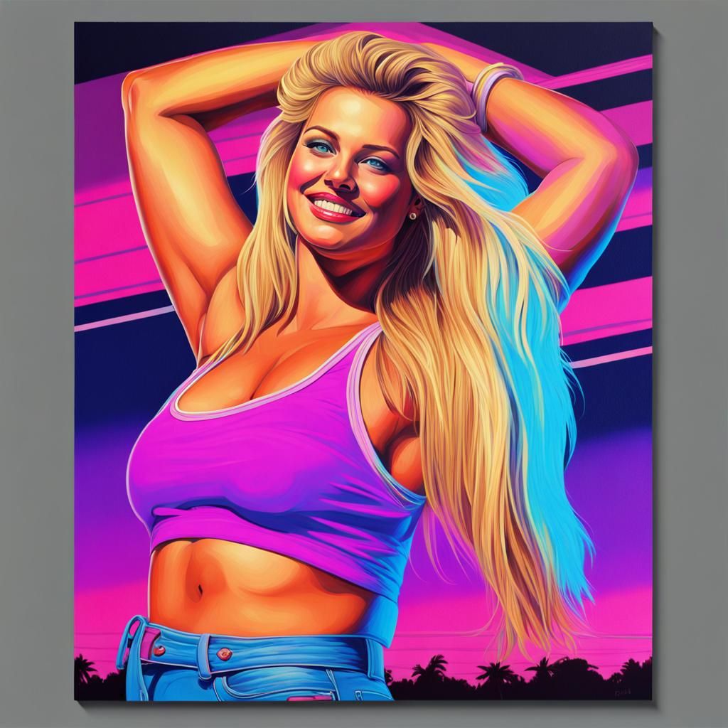 Voluptuous Woman in 1980s Retrowave Synthwave Style