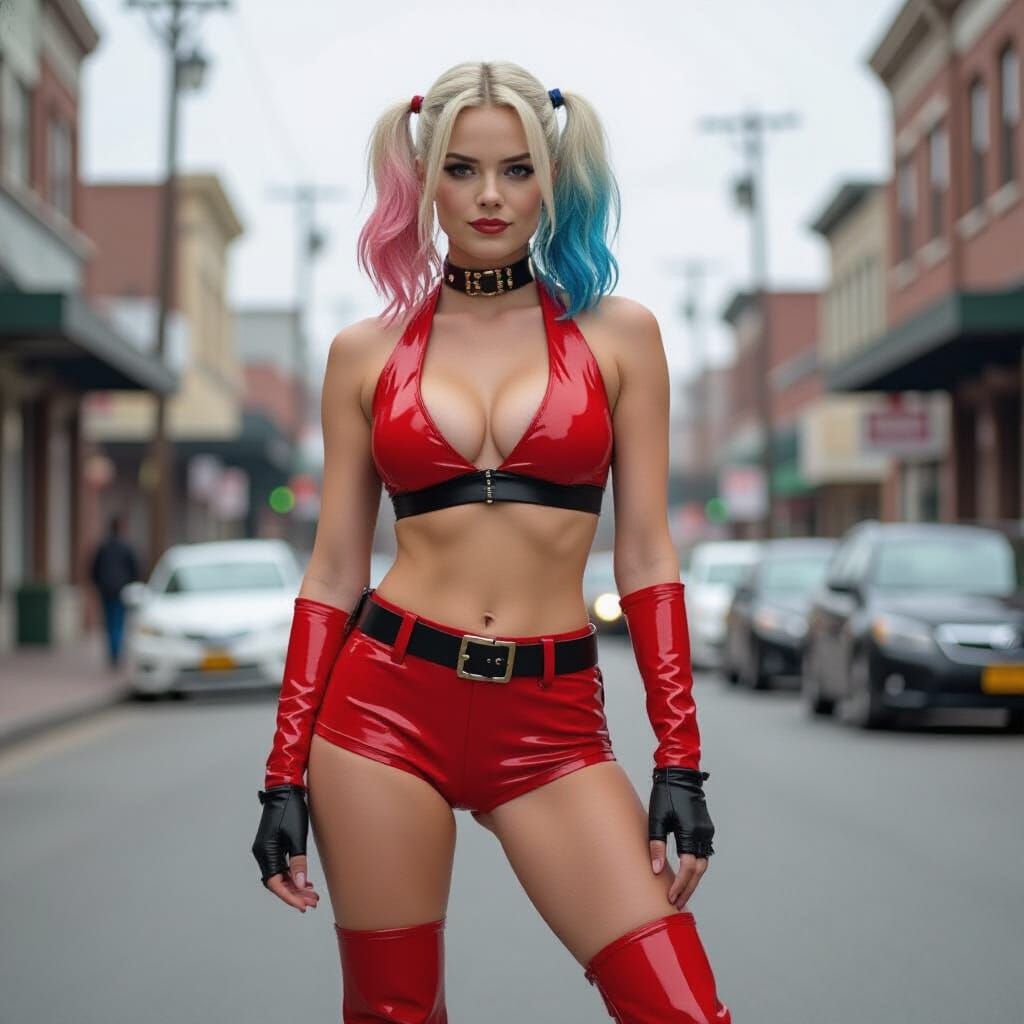 Harley Quinn with Six Pack Abs in Red Outfit